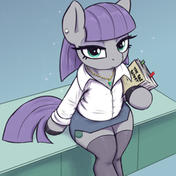 Size: 3000x3000 | Tagged: safe, artist:t72b, derpibooru import, maud pie, earth pony, pony, g4, alternate clothes, button-up shirt, clothes, desk, ear piercing, earring, eyeshadow, female, hoof hold, jewelry, lidded eyes, looking at you, looking up, looking up at you, makeup, mare, necklace, office lady, piercing, shirt, shoes, side slit, simple background, sitting, skirt, socks, stockings, thigh highs