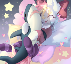 Size: 2800x2500 | Tagged: safe, artist:livitoza, derpibooru import, oc, oc only, oc:blazey sketch, pegasus, pony, shark, blåhaj, bow, clothes, female, hair bow, mare, pegasus oc, pillow pile, plushie, shark plushie, socks, solo, striped socks, sweater