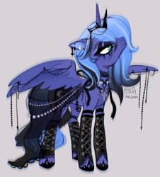 Size: 2459x2722 | Tagged: safe, artist:peachmichea, derpibooru import, princess luna, alicorn, pony, g4, beads, black dress, choker, closed mouth, clothes, cross, cross necklace, crown, dress, ear piercing, earring, ears back, eye clipping through hair, eyebrow piercing, eyeliner, eyeshadow, female, frown, goth, gothic, gray background, jewelry, lidded eyes, makeup, mare, necklace, partially open wings, piercing, regalia, s1 luna, simple background, solo, spread wings, standing, tiara, wing jewelry, wings