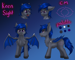 Size: 2000x1600 | Tagged: safe, artist:crimsonwolf360, derpibooru import, oc, oc only, oc:keen sight, bat pony, pony, bat pony oc, blue mane, blue tail, blue wings, claw, color palette, concave belly, cutie mark, fangs, folded wings, gradient background, gray coat, happy, hooves, male, purple eyes, reference sheet, sad, solo, spread wings, stallion, sternocleidomastoid, tail, wings