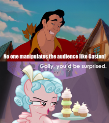 Size: 679x763 | Tagged: safe, derpibooru import, screencap, cozy glow, pegasus, frenemies (episode), beauty and the beast, caption, cupcake, female, filly, foal, food, fourth wall, gaston, gaston legume, golly, image macro, text