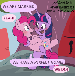 Size: 1604x1628 | Tagged: safe, artist:dimbulb, derpibooru import, pinkie pie, twilight sparkle, unicorn twilight, earth pony, pony, unicorn, bipedal, blushing, bridal carry, carrying, duo, female, golden oaks library, horn, lesbian, looking at each other, looking at someone, married, married couple, shipping, smiling, smiling at each other, standing, twinkie