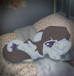 Size: 2475x2521 | Tagged: safe, artist:plinky, derpibooru import, oc, oc only, bed, covering face, disabled, in bed, injured, original art, ponysona, sleepy, solo, wingless