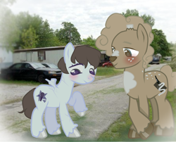 Size: 2592x2093 | Tagged: safe, artist:plinky, derpibooru import, oc, oc only, deer, deer pony, hybrid, original species, blushing, car, couple, disabled, meeting, original art, ponysona, scar, wingless