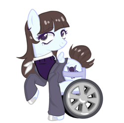 Size: 2498x2475 | Tagged: safe, artist:plinky, derpibooru import, oc, oc only, original species, 80's fashion, classy, disabled, fancy, future design, original art, ponysona, scar, simple background, solo, wheelchair, wheelpone, white background, wingless