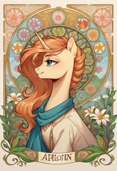 Size: 832x1216 | Tagged: safe, ai content, derpibooru import, machine learning generated, oc, oc only, unicorn, flower, horn, modern art, nouveau, prompter:massbrainimpact, smiling, solo, unicorn oc