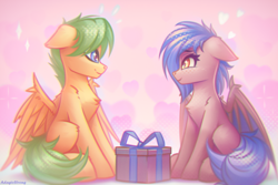 Size: 3000x2000 | Tagged: safe, artist:adagiostring, derpibooru import, oc, oc:sivira, bat pony, pegasus, pony, bat pony oc, couple, cute, duo, female, group, heart, in love, looking at each other, looking at someone, love, male, mare, pegasus oc, present, sitting, smiling, sparkles, stallion