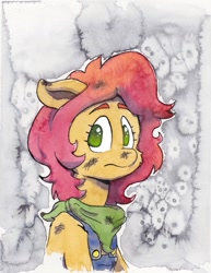 Size: 973x1262 | Tagged: safe, artist:lost marbles, artist:oxfordinaryart, derpibooru import, oc, oc only, pony, clothes, coal, dirty, female, mare, overalls, solo, traditional art, watercolor painting