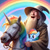 Size: 1024x1024 | Tagged: safe, ai content, derpibooru import, generator:bing image creator, generator:dall-e 3, machine learning generated, rainbow dash, horse, human, unicorn, anonymous prompter, beard, bridle, crossover, eyes closed, facial hair, gandalf, hat, horn, laughing, lord of the rings, multicolored hair, rainbow, rainbow hair, tack