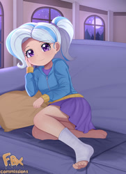 Size: 828x1143 | Tagged: safe, artist:focusb, derpibooru import, trixie, human, g4, blushing, clothes, eyebrows, eyebrows visible through hair, female, humanized, looking at you, smiling, socks, sofa, solo, toeless legwear, toeless socks, younger