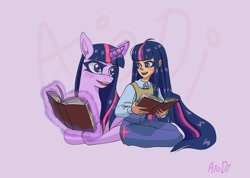 Size: 1520x1080 | Tagged: safe, artist:aioniadiafonia, derpibooru import, twilight sparkle, unicorn twilight, human, pony, unicorn, book, duo, duo female, female, human ponidox, humanized, levitation, looking at each other, looking at someone, looking back, looking back at each other, lying down, magic, mare, open mouth, open smile, prone, purple background, self paradox, self ponidox, signature, simple background, sitting, smiling, smiling at each other, telekinesis