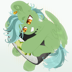 Size: 2500x2500 | Tagged: safe, artist:medkit, derpibooru import, oc, oc only, oc:light touch, pegasus, pony, adam's apple, chest fluff, chibi, colored ear fluff, colored eyebrows, colored eyelashes, colored hooves, colored lineart, colored pupils, cucumber, ear fluff, ear piercing, earring, ears, ears up, eye clipping through hair, eyebrows, eyebrows visible through hair, eyes open, fangs, feathered wings, food, full body, gold, gradient background, green coat, gritted teeth, heart ears, heart shaped, high res, horseshoes, hug, in air, jewelry, leg fluff, lightly watermarked, looking at something, male, micro, orange eyes, paint tool sai 2, partially open wings, pegasus oc, piercing, raised eyebrows, raised leg, rice, screentone, sharp teeth, short mane, short tail, shoulder fluff, signature, smiling, smol, solo, stallion, striped mane, striped tail, sushi, tail, teeth, three quarter view, two toned mane, two toned tail, underhoof, wall of tags, watermark, wingding eyes, wings