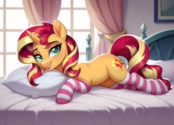 Size: 4000x2857 | Tagged: safe, ai content, derpibooru import, generator:pony diffusion v6 xl, generator:stable diffusion, machine learning generated, sunset shimmer, pony, unicorn, g4, bed, clothes, female, full body, high res, horn, indoors, looking at you, lying down, mare, movie accurate, on bed, prompter:midnight dashie, sexy, show accurate, smiling, smiling at you, socks, solo, stockings, striped socks, teeth, thigh highs, window