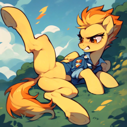 Size: 4096x4096 | Tagged: source needed, safe, ai content, derpibooru import, generator:pony diffusion v6 xl, generator:stable diffusion, machine learning generated, spitfire, pegasus, pony, angry, bottomless, clothes, featureless crotch, folded wings, frown, grass, gritted teeth, lying down, nudity, on side, outdoors, partial nudity, prompter needed, raised leg, sky, spread legs, spreading, teeth, uniform, wings, wonderbolts uniform
