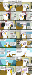 Size: 1282x2947 | Tagged: safe, derpibooru import, edit, edited screencap, screencap, gilda, griffon, comic:celestia's servant interview, g4, griffon the brush off, season 1, season 5, the lost treasure of griffonstone, caption, comic, cs captions, female, griffonstone, image macro, interview, oven, screencap comic, solo, speech bubble, text