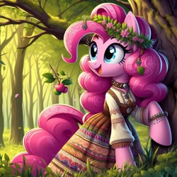 Size: 1024x1024 | Tagged: safe, ai content, derpibooru import, machine learning generated, pinkie pie, cyrillic, forest, nature, prompter needed, russian, slavic, solo, tree