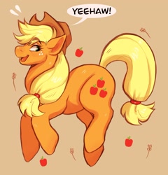 Size: 1436x1493 | Tagged: safe, artist:moth_sprout, derpibooru import, applejack, earth pony, pony, blonde, blonde mane, blonde tail, brown background, female, full body, mare, open mouth, open smile, orange coat, simple background, smiling, solo, speech bubble, tail, text, yeehaw