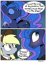 Size: 2100x2821 | Tagged: safe, artist:icey, derpibooru import, derpy hooves, princess luna, alicorn, pegasus, pony, g4, blush lines, blushing, butt, comic, dialogue, duo, embarrassed, eyes closed, female, mailmare, mare, meme, moonbutt, open mouth, sir this is a wendy's, speech bubble