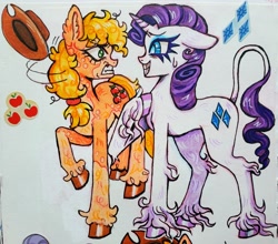 Size: 3429x3024 | Tagged: safe, artist:redactedhaunt, derpibooru import, applejack, rarity, earth pony, pony, unicorn, duo, female, horn, lesbian, rarijack, shipping, sticker, traditional art