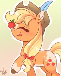 Size: 965x1194 | Tagged: safe, artist:galaxy swirl, derpibooru import, applejack, earth pony, pony, g4, :p, apple, balancing, cowboy hat, eyes closed, feather, female, food, freckles, gradient background, hat, implied appledash, implied lesbian, implied shipping, mare, ponies balancing stuff on their nose, raised hoof, raised leg, smiling, solo, stetson, tongue, tongue out