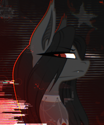 Size: 2500x3000 | Tagged: safe, artist:darky_wings, derpibooru import, oc, oc only, bat pony, pony, angry, collar, commission, fangs, female, glitch art, looking back, simple background