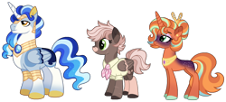 Size: 1532x693 | Tagged: safe, artist:strawberry-spritz, derpibooru import, oc, oc only, alicorn, pegasus, pony, unicorn, female, horn, magical threesome spawn, male, mare, offscreen character, offspring, parent:big bucks, parent:doctor caballeron, parent:fluttershy, parent:jackpot, parent:night light, parent:princess celestia, parent:sunflower spectacle, parents:caballershy, stallion, trio