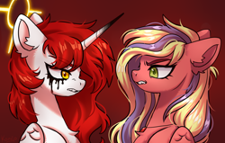 Size: 4950x3140 | Tagged: safe, artist:konejo, derpibooru import, oc, oc only, oc:dersha, oc:sindy silence, alicorn, pegasus, pony, alicorn oc, bust, duo, frown, horn, makeup, running makeup, teary eyes, wings