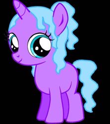 Size: 841x949 | Tagged: safe, artist:katiegirlsforever, derpibooru import, oc, oc only, oc:jewelie, pony, unicorn, g4, black background, blue eyes, blue hair, blue mane, blue tail, cute, female, filly, foal, horn, ocbetes, purple coat, simple background, smiling, solo, tail, unicorn oc