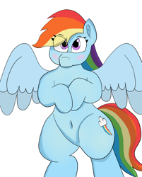 Size: 616x767 | Tagged: safe, artist:theonlyone, derpibooru import, rainbow dash, pegasus, pony, belly button, bipedal, blushing, ear fluff, ears, eye clipping through hair, female, lineart, shading, simple background, solo, solo female, spread wings, thighs, thunder thighs, wings, wip