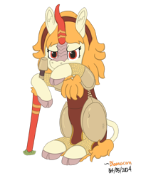 Size: 988x1250 | Tagged: safe, artist:bloonacorn, derpibooru import, oc, oc only, oc:gloria graces, kirin, cloven hooves, kirin oc, lance, simple background, transparent background, weapon