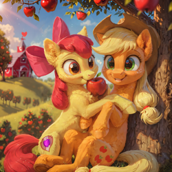 Size: 4096x4096 | Tagged: safe, ai content, derpibooru import, generator:pony diffusion v6 xl, generator:stable diffusion, machine learning generated, apple bloom, applejack, earth pony, pony, g4, against tree, apple, apple tree, cuddling, cute, duo, duo female, female, food, prompter:venisoncreampie, siblings, sisters, sitting, sweet apple acres, tree, wholesome