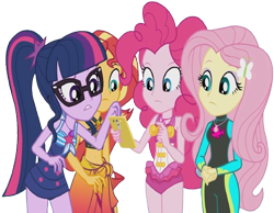 Size: 3244x2520 | Tagged: safe, derpibooru import, edit, edited screencap, editor:homersimpson1983, screencap, fluttershy, pinkie pie, sci-twi, sunset shimmer, twilight sparkle, human, better together, equestria girls, g4, unsolved selfie mysteries, background removed, clothes, female, not a vector, pinkie pie swimsuit, sci-twi swimsuit, sunset shimmer swimsuit, swimsuit