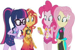 Size: 3740x2520 | Tagged: safe, derpibooru import, edit, edited screencap, editor:homersimpson1983, screencap, fluttershy, pinkie pie, sci-twi, sunset shimmer, twilight sparkle, human, g4, background removed, cellphone, clothes, not a vector, phone, smartphone, swimsuit