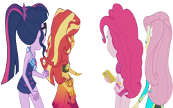 Size: 4047x2520 | Tagged: safe, derpibooru import, edit, edited screencap, editor:homersimpson1983, screencap, fluttershy, pinkie pie, sci-twi, sunset shimmer, twilight sparkle, human, g4, background removed, cellphone, clothes, female, not a vector, phone, smartphone, swimsuit