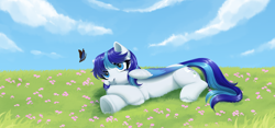 Size: 3088x1440 | Tagged: safe, artist:nika-rain, derpibooru import, oc, oc:snowflake flower, butterfly, pegasus, pony, cloud, commission, cute, female, field, not shining armor, sky, solo, ych result