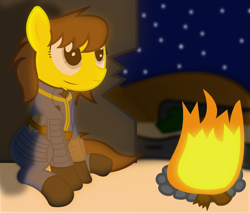 Size: 1300x1110 | Tagged: safe, artist:cardshark777, derpibooru import, oc, oc only, oc:liz (cardshark777), earth pony, pony, fallout equestria, broken, brown mane, campfire, clothes, digital art, earth pony oc, fallout, female, fireplace, gray eyes, hill, jumpsuit, looking up, mare, night, pipbuck, rock, shading, shadow, sitting, sky, solo, stars, vault suit, wall, wasteland, wood, yellow coat