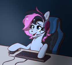 Size: 1872x1672 | Tagged: safe, artist:goodday, derpibooru import, oc, oc only, oc:winter heat, fanfic:pink scorch, chair, commission, computer mouse, gaming, gaming chair, happy, headphones, headset, keyboard, microphone, office chair, solo, tired