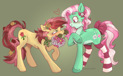 Size: 640x396 | Tagged: safe, artist:cyberplush, derpibooru import, minty (g1), roseluck, earth pony, pony, g1, g4, blushing, bouquet, bow, clothes, countershading, female, flower, flower in hair, flower in tail, generation leap, hair bow, heart, lesbian, mare, mouth hold, physique difference, shipping, socks, striped socks, surprised, tail, tail bow