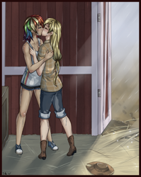 Size: 900x1133 | Tagged: artist needed, safe, derpibooru import, applejack, rainbow dash, human, g4, appledash, barn, clothes, female, humanized, kiss on the lips, kissing, lesbian, rain, shipping, signature, wet, wet clothes, wet hair