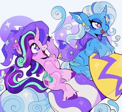 Size: 1310x1205 | Tagged: safe, artist:infinithiez, derpibooru import, starlight glimmer, trixie, pony, unicorn, g4, :p, alternate design, beanbrows, blaze (coat marking), blue coat, blue mane, blue tail, blush sticker, blushing, cape, chest fluff, clothes, cloven hooves, coat markings, colored ear fluff, colored eartips, colored eyebrows, colored eyelashes, colored hooves, colored horn, colored muzzle, colored pinnae, curved horn, cute, diatrixes, duo, duo female, ear fluff, ear tufts, ears, eyebrows, eyelashes, eyeshadow, facial markings, female, glimmerbetes, hat, holding hat, hoof hold, horn, lesbian, makeup, mare, narrowed eyes, open mouth, open smile, pink coat, profile, purple eyes, riding, rocket, shipping, simple background, sitting, smiling, socks (coat marking), sparkles, startrix, tail, thick eyelashes, tongue, tongue out, toy interpretation, trixie's cape, trixie's hat, trixie's rocket, two toned mane, two toned tail, unshorn fetlocks, wavy mane, wavy tail, white background, wingding eyes
