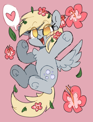 Size: 2372x3094 | Tagged: safe, artist:sakukitty, derpibooru import, derpy hooves, pegasus, pony, g4, :d, chest fluff, cute, derpabetes, eye clipping through hair, eyebrows, eyebrows visible through hair, female, flower, flower in hair, flying, heart, high res, leaves, mare, no pupils, open mouth, open smile, pink background, simple background, sketch, smiling, solo, spread wings, wings