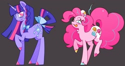 Size: 2048x1084 | Tagged: safe, artist:shrimpnurse, derpibooru import, part of a set, pinkie pie, twilight sparkle, unicorn twilight, earth pony, pony, unicorn, g4, alternate cutie mark, alternate eye color, alternate hairstyle, alternate tailstyle, bags under eyes, bipedal, blue eyes, bow, braid, braided ponytail, chest fluff, colored eartips, colored hooves, colored pinnae, countershading, curly hair, curly mane, curly tail, duo, duo female, ear piercing, earring, eyelashes, female, glasses, gray background, hair bow, halftone, height difference, hooves, horn, jewelry, long horn, long mane, long tail, mare, mismatched hooves, multicolored hair, multicolored hooves, multicolored mane, multicolored tail, no pupils, open mouth, open smile, piercing, pink coat, pink eyes, pink mane, pink tail, ponytail, profile, raised hoof, raised leg, redesign, round glasses, shiny hooves, simple background, smiling, splotches, standing, strutting, sweat, sweatdrop, tail, tail bow, tied mane, tied tail, trotting, two toned mane, two toned tail, unicorn horn, unshorn fetlocks, wall of tags
