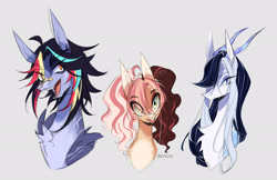 Size: 2048x1328 | Tagged: safe, artist:iheyyasyfox, derpibooru import, oc, oc only, oc:ember snow, oc:marsha pie, oc:nick storm, dracony, earth pony, hybrid, pegasus, pony, bandaid, bandaid on nose, bust, eye clipping through hair, female, gray background, horns, interspecies offspring, looking at you, male, mare, offspring, open mouth, open smile, parent:cheese sandwich, parent:pinkie pie, parent:rainbow dash, parent:rarity, parent:soarin', parent:spike, parents:cheesepie, parents:soarindash, parents:sparity, simple background, smiling, smiling at you, stallion, trio