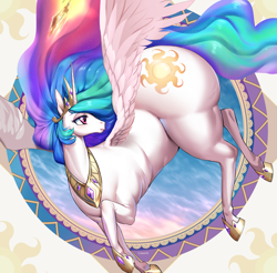 Size: 3687x3633 | Tagged: safe, artist:chigusa, derpibooru import, princess celestia, alicorn, pony, g4, butt, crown, female, jewelry, large butt, mare, plot, praise the sun, regalia, solo, sunbutt, the ass was fat