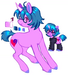 Size: 1440x1587 | Tagged: safe, artist:heartwoozy, derpibooru import, oc, oc only, pony, unicorn, clothes, curved horn, glasses, horn, leg warmers, pixel art, pony town, reference sheet, simple background, solo, sweater, white background