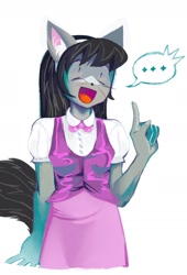 Size: 1042x1536 | Tagged: safe, artist:heartwoozy, derpibooru import, octavia melody, anthro, cat, ..., bowtie, cat ears, cat tail, catified, clothes, dress, ear fluff, ears, female, hairband, simple background, solo, species swap, speech bubble, tail, white background