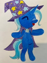 Size: 1516x2048 | Tagged: safe, artist:heartwoozy, derpibooru import, trixie, semi-anthro, unicorn, cape, clothes, female, hat, horn, simple background, solo, traditional art, trixie's cape, trixie's hat