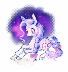 Size: 1564x1649 | Tagged: safe, artist:heartwoozy, derpibooru import, oc, oc only, pony, unicorn, book, bow, braid, braided tail, female, horn, lying down, mare, prone, reading, tail, tail bow, unshorn fetlocks