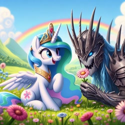 Size: 1024x1024 | Tagged: safe, ai content, derpibooru import, generator:bing image creator, generator:dall-e 3, machine learning generated, princess celestia, alicorn, pony, anonymous prompter, armor, blue eyes, cloud, crossover, female, flower, heterochromia, lord of the rings, mare, mountain, rainbow, sauron, sniffing, wrong cutie mark, wrong eye color