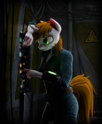 Size: 5000x6095 | Tagged: safe, artist:dark-fic, derpibooru import, oc, oc only, oc:littlepip, anthro, unicorn, fallout equestria, 3d, blender, blender cycles, brown hair, brown mane, brown tail, clothes, female, green eyes, horn, jumpsuit, pipbuck, solo, stable (vault), tail, vault suit, wires